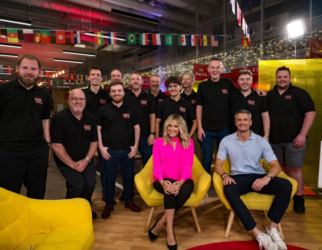 Johns' Boys with presenters Elin Fflur and Owain Tudur Jones appeared on Heno on S4C filmed at Ty pawb on Wed 28th June (Image: Wowzer's Photography)